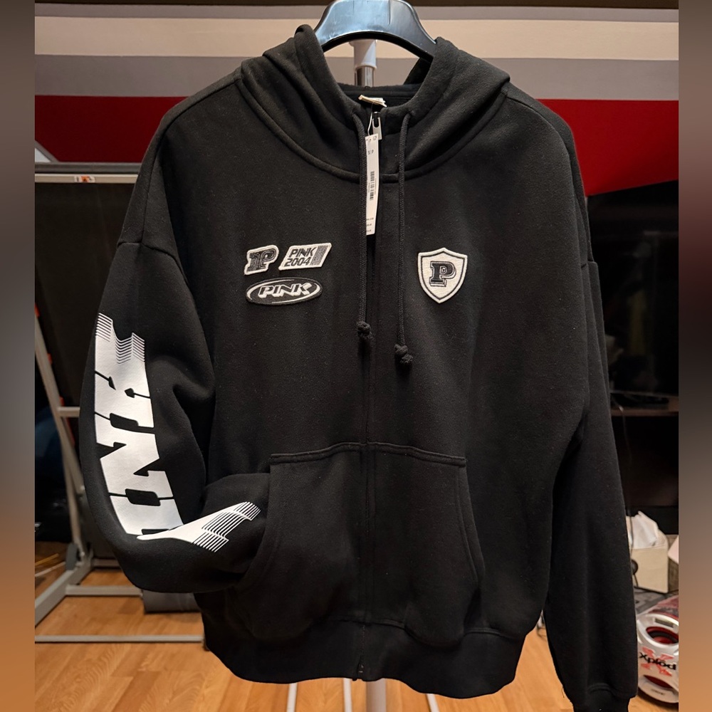 PINK Victoria's Secret Black Hoodie Racer with Logo
